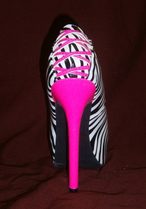 Zebra print and hot pink open toe pumps with back corset detail