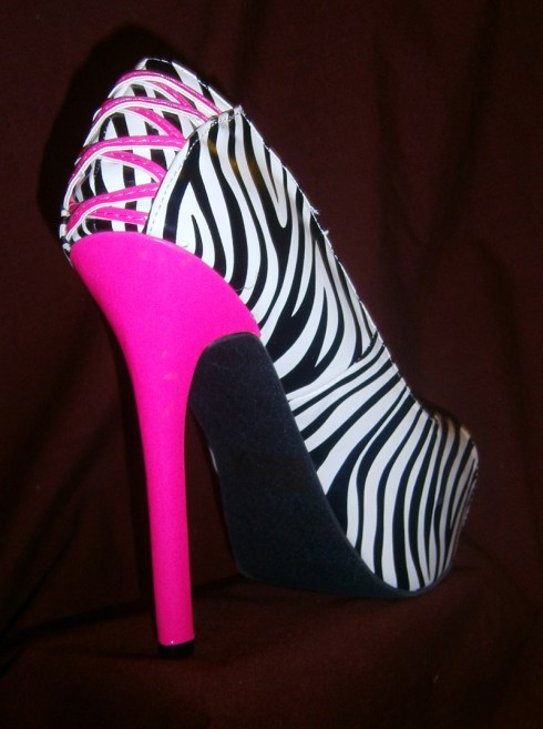 Zebra print and hot pink open toe pumps with back corset detail