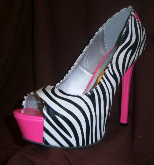 Zebra print and hot pink open toe pumps with back corset detail